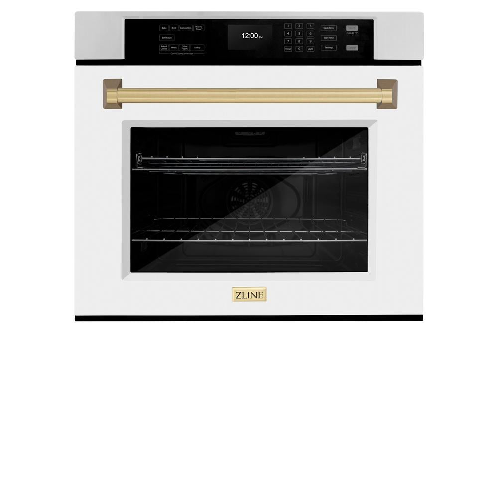 ZLINE Autograph Edition 30 in. Professional True Convection Single Wall Oven with Air Fry and Self Clean in Stainless Steel with White Matte Door and Champagne Bronze Handle (WASZ-WM-30-CB) WASZWM30CB