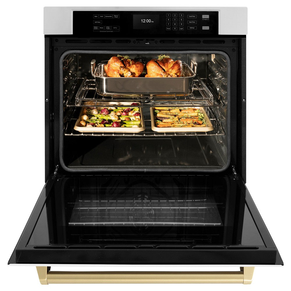 ZLINE Autograph Edition 30 in. Professional True Convection Single Wall Oven with Air Fry and Self Clean in Stainless Steel with White Matte Door and Champagne Bronze Handle (WASZ-WM-30-CB) WASZWM30CB