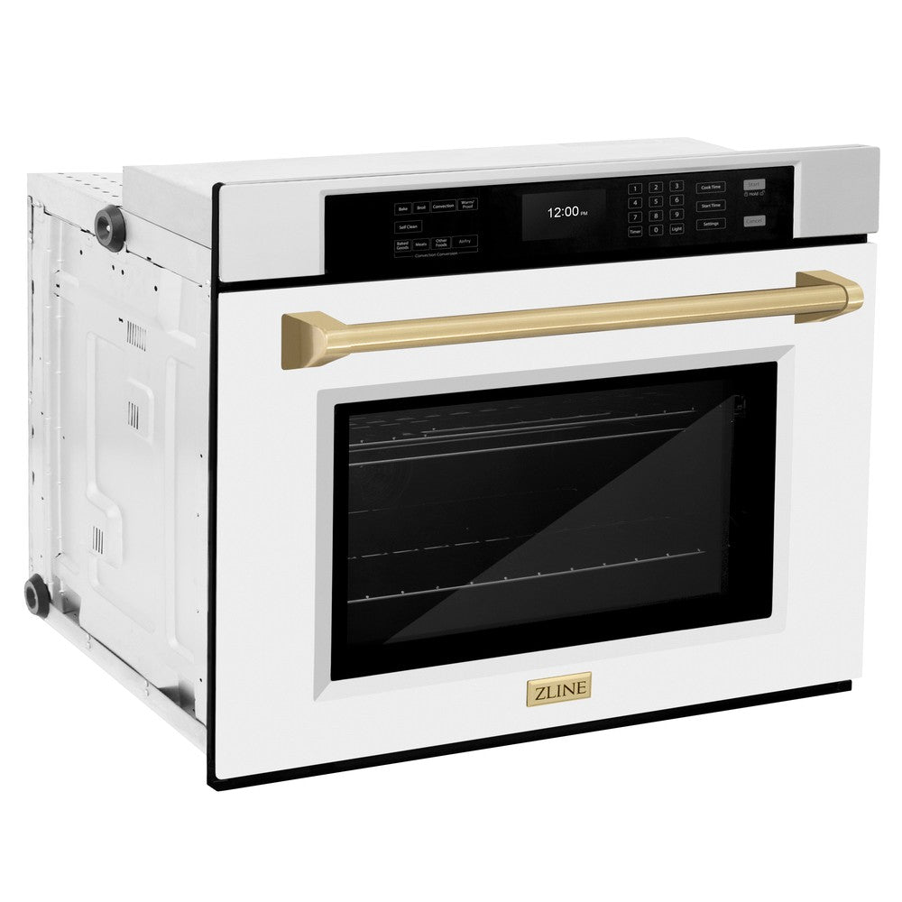 ZLINE Autograph Edition 30 in. Professional True Convection Single Wall Oven with Air Fry and Self Clean in Stainless Steel with White Matte Door and Champagne Bronze Handle (WASZ-WM-30-CB) WASZWM30CB