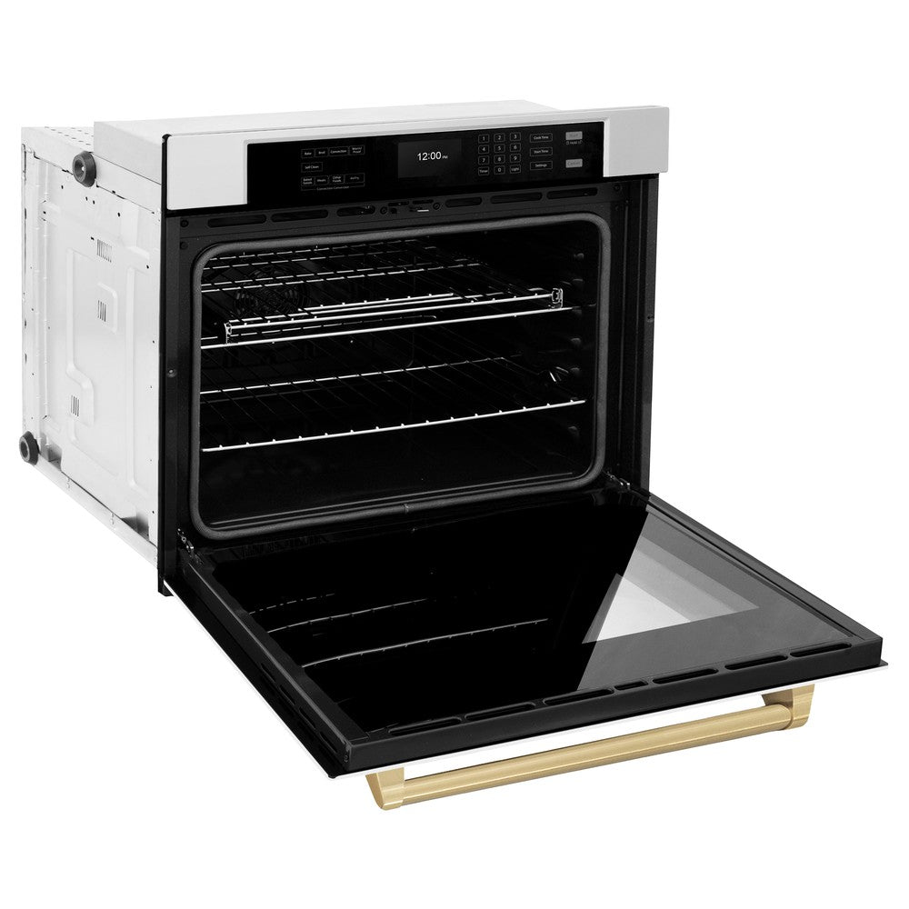 ZLINE Autograph Edition 30 in. Professional True Convection Single Wall Oven with Air Fry and Self Clean in Stainless Steel with White Matte Door and Champagne Bronze Handle (WASZ-WM-30-CB) WASZWM30CB