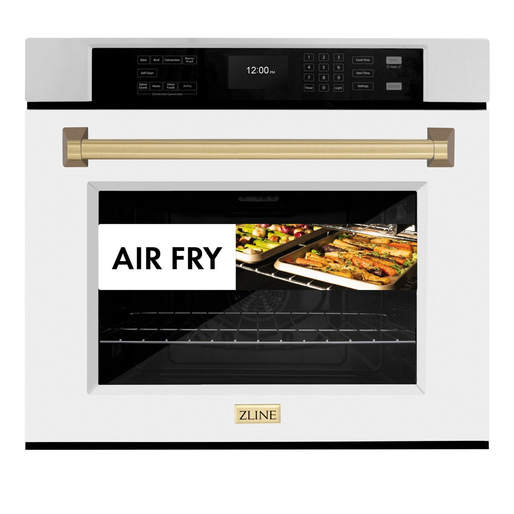 ZLINE Autograph Edition 30 in. Professional True Convection Single Wall Oven with Air Fry and Self Clean in Stainless Steel with White Matte Door and Champagne Bronze Handle (WASZ-WM-30-CB) WASZWM30CB