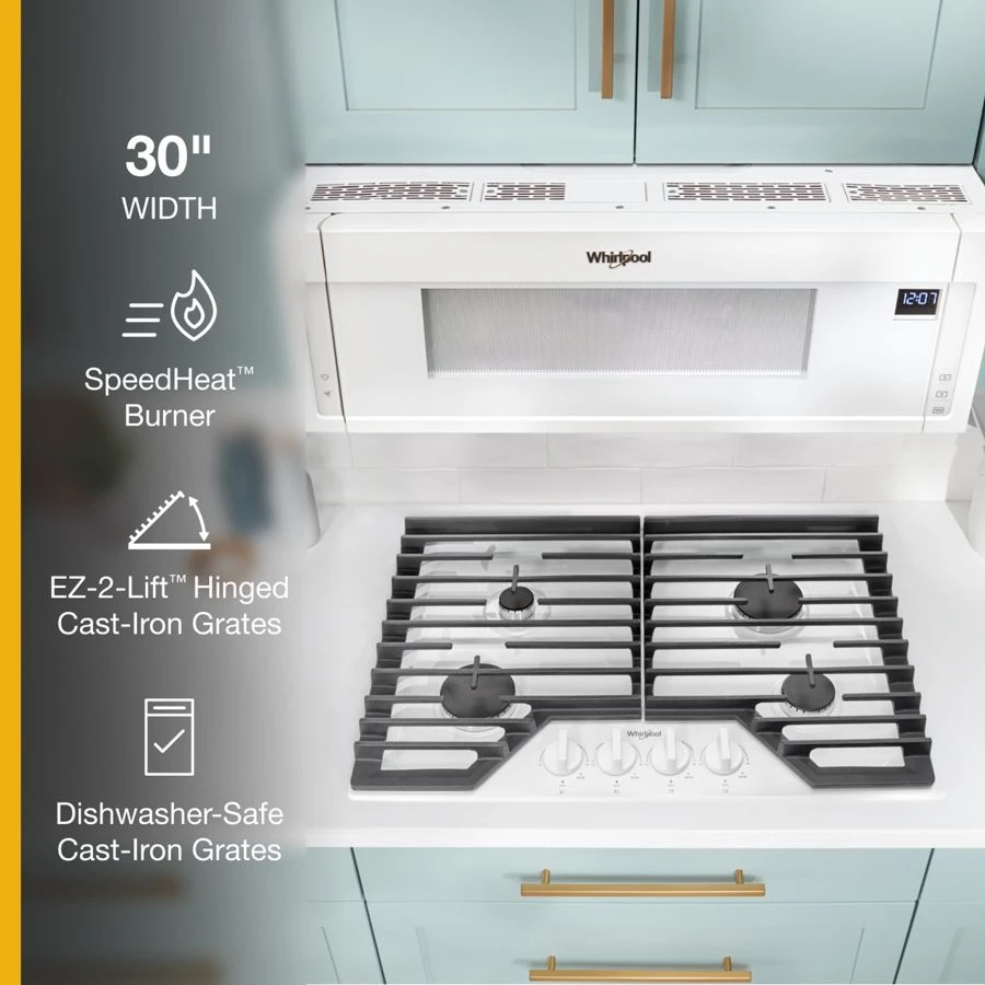 30-inch Gas Cooktop with EZ-2-Lift™ Hinged Cast-Iron Grates WCGK5030PW