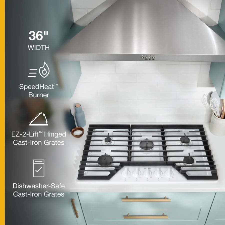 36-inch Gas Cooktop with EZ-2-Lift™ Hinged Cast-Iron Grates WCGK5036PW