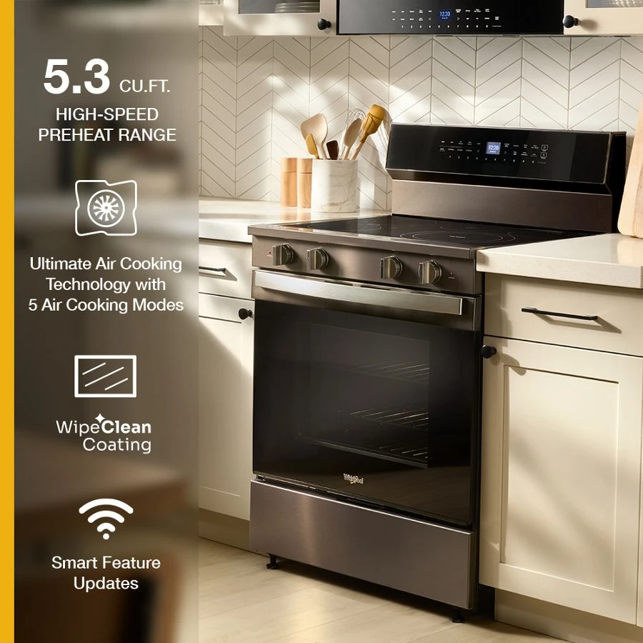 30-inch Electric Smart Range with Air Cooking Technology, No Preheat Air Fry, High Speed Preheat Oven, WipeClean™ Coating, and Steam/Self Clean WFES7530RV