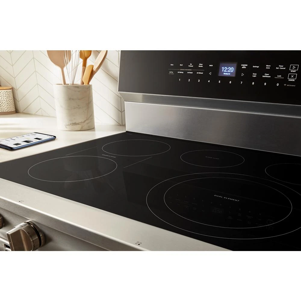 30-inch Electric Smart Range with Air Cooking Technology, No Preheat Air Fry, High Speed Preheat Oven, WipeClean™ Coating, and Steam/Self Clean WFES7530RW