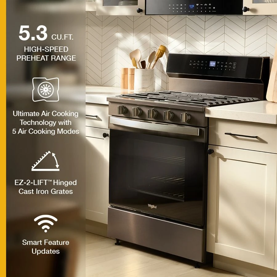 30-inch Smart Gas Range with Air Cooking Technology, No Preheat Air Fry, Steam/Self Clean and High Speed Preheat WFGS7530RV