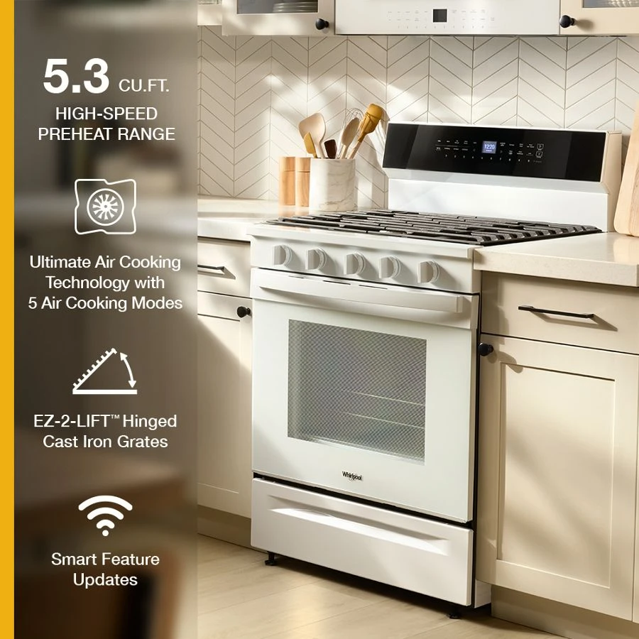 30-inch Smart Gas Range with Air Cooking Technology, No Preheat Air Fry, Steam/Self Clean and High Speed Preheat WFGS7530RW