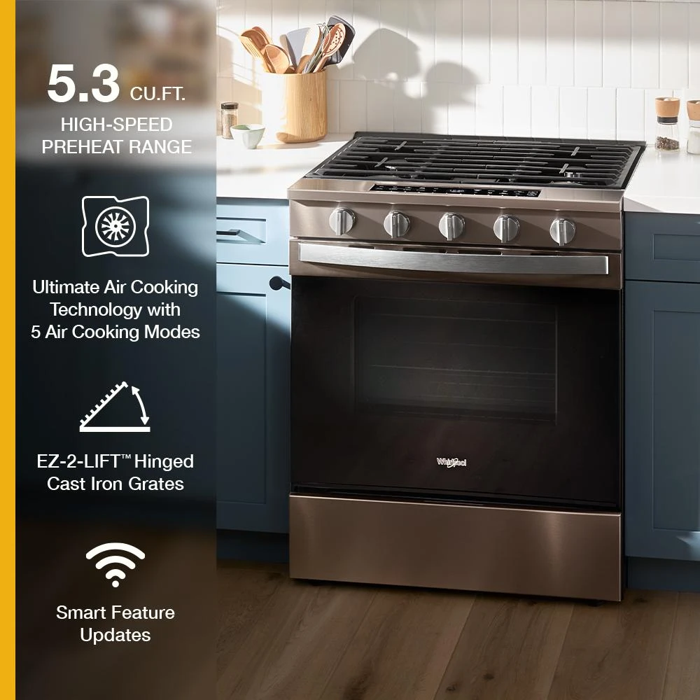 30-inch Smart Slide In Gas Range with Air Cooking Technology, No Preheat Air Fry, Steam/Self Clean and High Speed Preheat WSGS7530RV