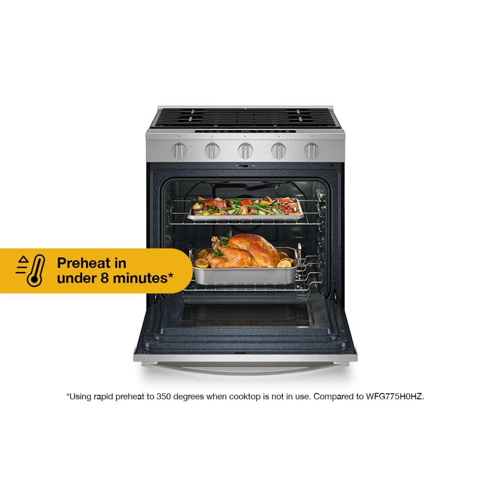 30-inch Smart Slide In Gas Range with Air Cooking Technology, No Preheat Air Fry, Steam/Self Clean and High Speed Preheat WSGS7530RZ