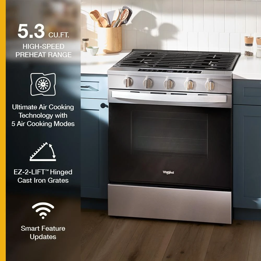 30-inch Smart Slide In Gas Range with Air Cooking Technology, No Preheat Air Fry, Steam/Self Clean and High Speed Preheat WSGS7530RZ