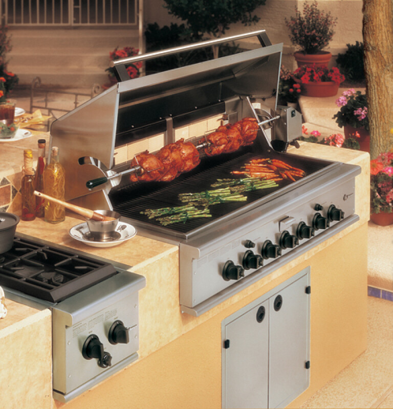 GE 48" Outdoor Cooking Center with 4 Grill Burners, 2 Rotisseries, Smoker and Rack (Natural Gas) ZGG48N42CSS